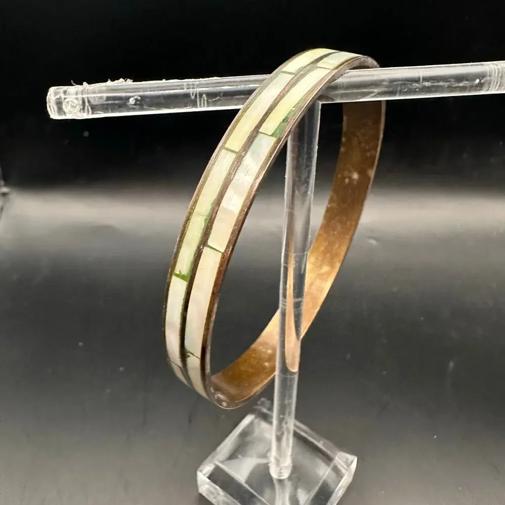 Mother of Pearl Brass Bangle Bracelet Summer MOP Retro Boho Bohemian Jewelry
